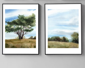 Conjunto de impresiones de paisajes en acuarela: Arte de pinos en el campo (descarga digital)