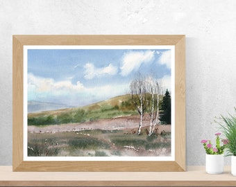 Mountains Watercolor Landscape Print: Farmhouse Wall Art (Digital Download)
