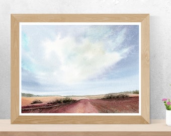 Modern Farmhouse Printable wall art, Watercolor landscape print, Sky countryside print, Vintage landscape wall art, Living room wall art