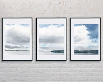 Juego de 3 impresiones de paisajes fluviales en acuarela: Decoración minimalista de estilo rústico (descarga digital)