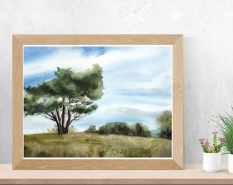 Paisaje de acuarela de pino: Decoración de pared rústica (Descarga digital)