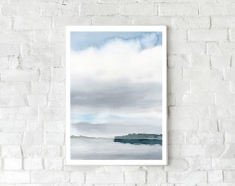 Impresión de paisaje abstracto en acuarela: Ribera minimalista moderna (descarga digital)