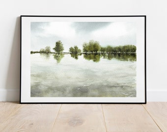 Impresión de paisaje en acuarela: Escena de río en una granja (Descarga digital)