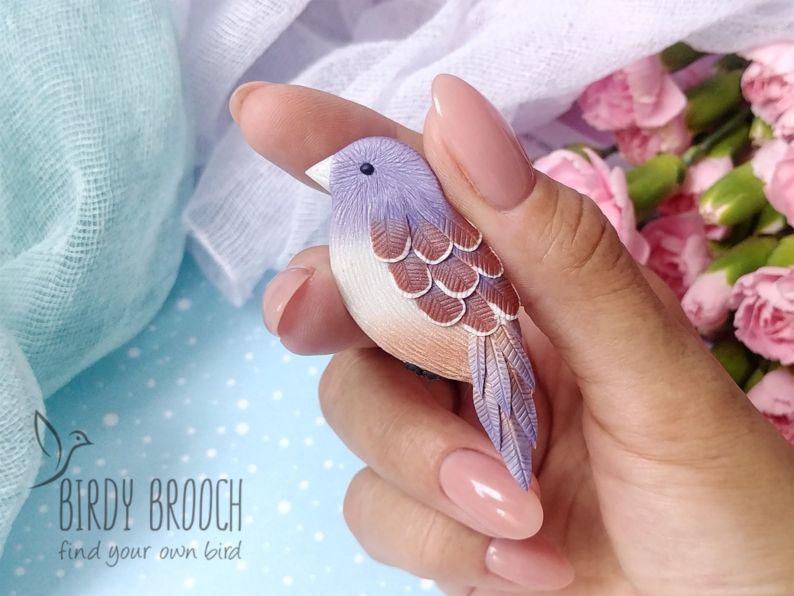 Lilac polymer clay bird brooch pin Handmade jewellery Gift for Etsy