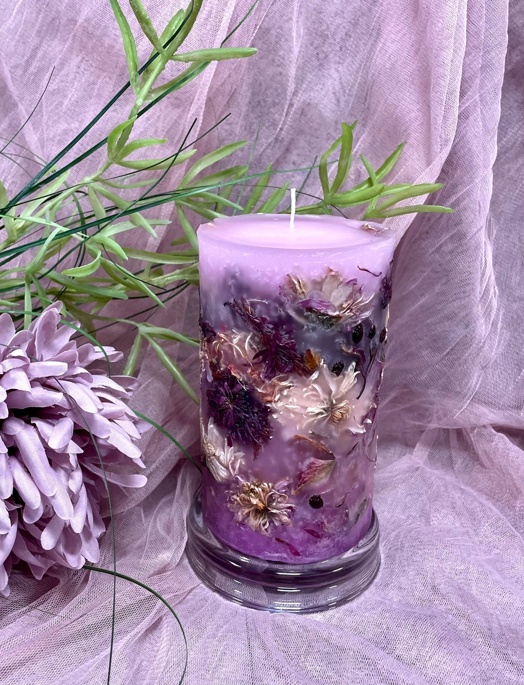 Botanical Candle With Colorful Summer Blossoms. Real Flowers Etsy