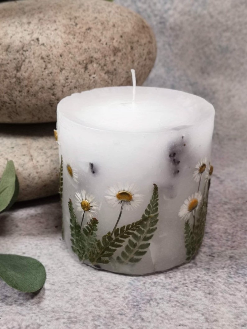 Botanical Candle With Lavender and Daisies. Handmade Item. Etsy