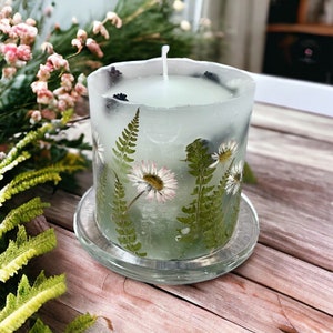 Botanical candle with Lavender and Daisies. Handmade item. Dried flowers candle.