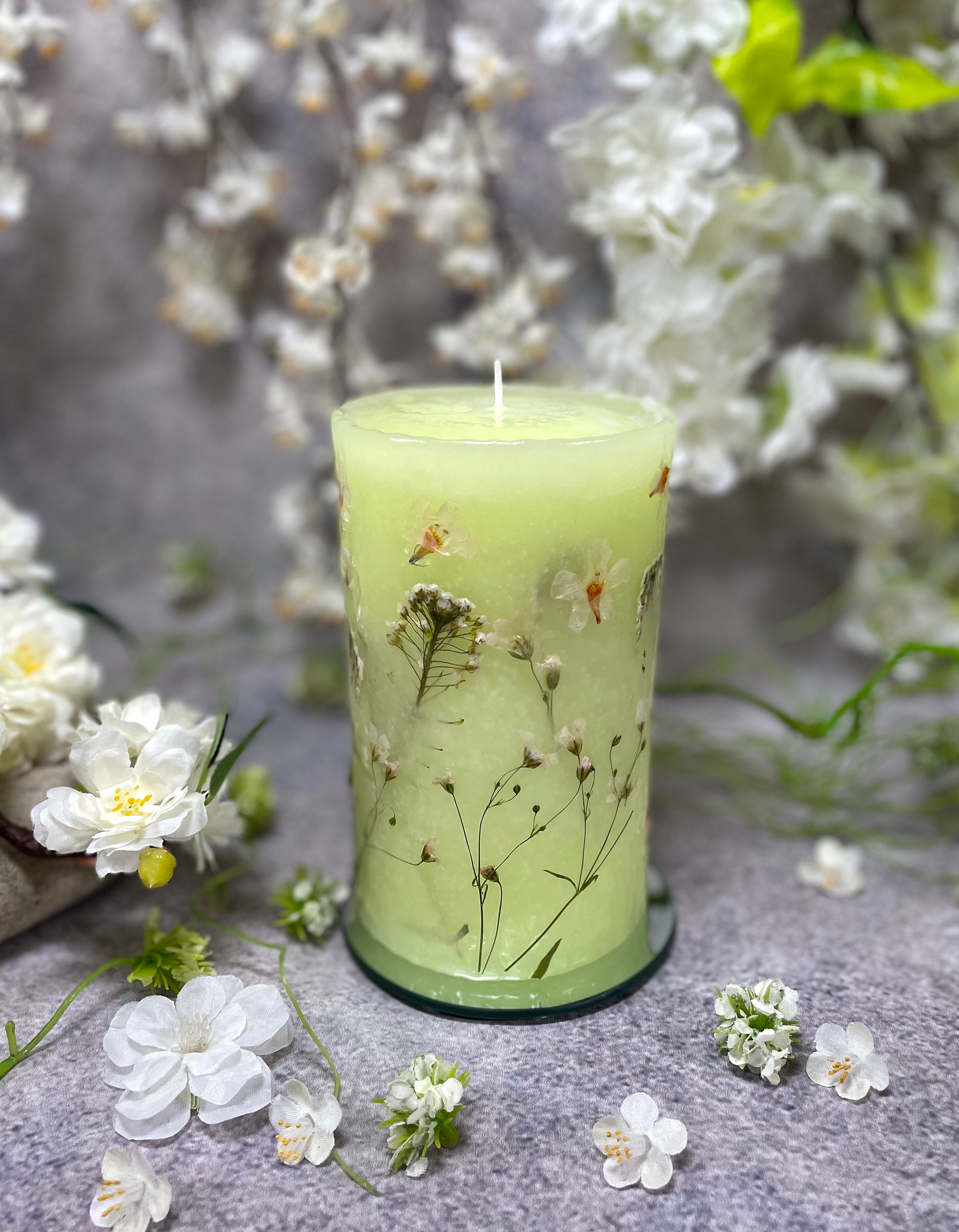 Botanical Candle With White Blossoms. Green candle with Real Etsy