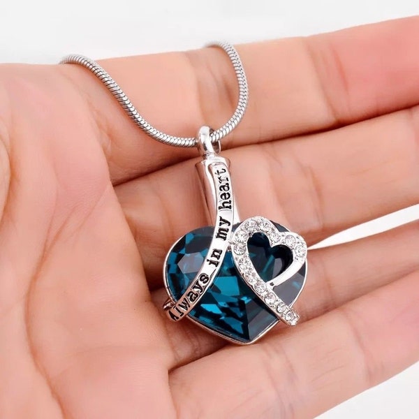 Always in my Heart Cremation Locket Urn Pendant Ashes Silver Necklace Funeral Memorial Blue, Green, White, Pink or Green