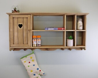 Rustic Country Kitchen Wooden Wall Hanging Unit With Cupboard & Shelves Stunning Storage Decor Organiser Display Unit With Heart Cut Outs