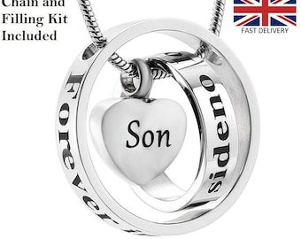 Son Rings Heart Cremation Urn Pendant Ashes Necklace Funeral Memorial Jewellery Keepsake