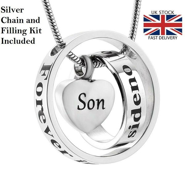 Son Rings Heart Cremation Urn Pendant Ashes Necklace Funeral Memorial Jewellery Keepsake