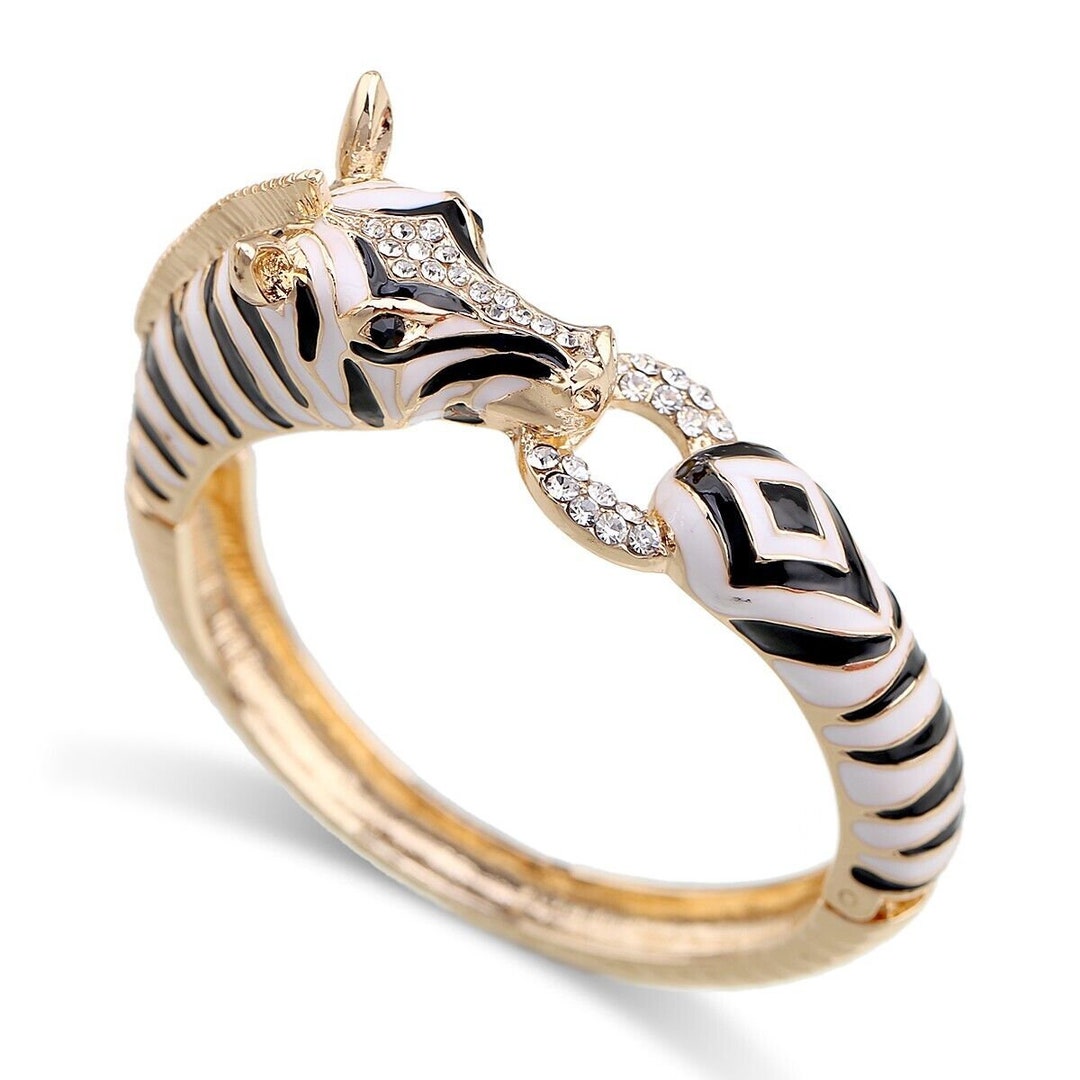 Enamel Zebra Animal Bracelet Antique Gold Plated Vintage Etsy