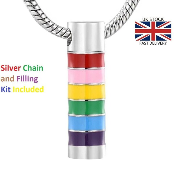 Rainbow Cylinder Funeral Jewellery Cremation Urn Pendant Ashes Necklace Memory