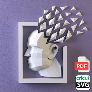 K&ouml;nnte beinhalten: Eine wei&szlig;e, geometrische Kopfskulptur in einem wei&szlig;en Rahmen, mit dreieckigen Formen, die vom Kopf ausgehen. Das Kunstwerk ist vor einem strukturierten, lila Hintergrund platziert. Enth&auml;lt PDF- und SVG-Dateisymbole.