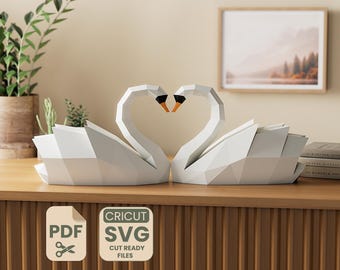 Svanpapperspyssel PDF, SVG utskrivbar mall, Cricut lågpoly 3D-skulptur