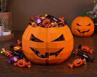 Halloween Pumpkin Candy Bowl, Jack O Lantern Candy Holder, Papercraft Treat Box, Printable DIY Halloween Decor