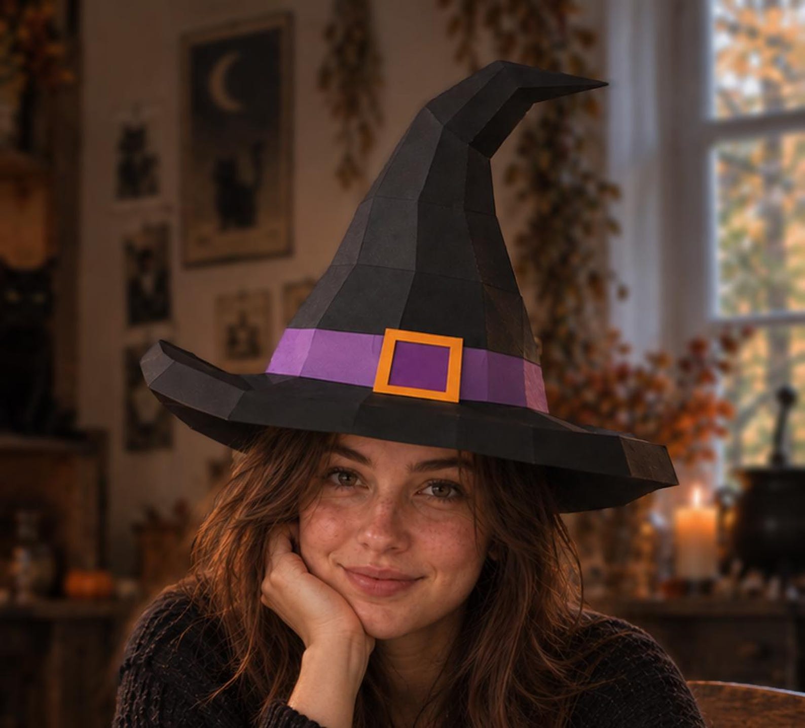 A Full-Size Papercraft Witch Hat Person wearing a large dark papercraft witch hat with a contrasting buckle band.