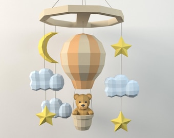 Bear in a hot air balloon papercraft DIY children's room decor PDF,SVG