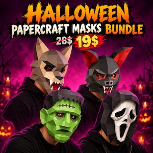 May include: A bundle of four low-poly papercraft masks featuring a brown wolf, a black bat with red ears, a green monster with a stitched forehead, and a white ghost mask with a black hood, all displayed against a dark purple background.