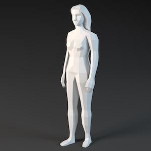 Peut inclure: Une sculpture de figure humaine tridimensionnelle blanche en low-poly. Le modèle présente une construction de surface géométrique à facettes avec des angles vifs et des plans plats, représentant une forme debout avec des cheveux longs.