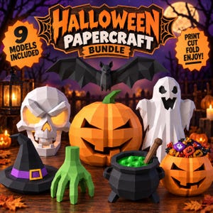 May include: A Halloween papercraft bundle featuring 9 models including a black bat, white skull, orange jack-o'-lantern, white ghost, black witch hat, green hand, black cauldron with green liquid, and a pumpkin bowl filled with candy.