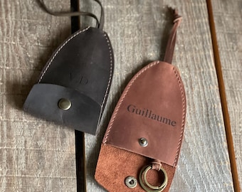 Personalized Leather Key Pouch with Pull Strap: Genuine Key Holder