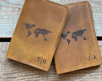 Personalized Leather Passport Cover: Engraved World Map Travel Gift