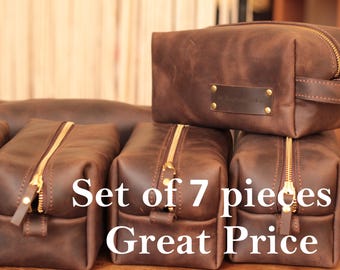 Set of 7 Personalized Leather Dopp Kits: Groomsmen Wedding Party  Favors  Shaving Bag