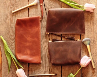 Personalized Leather Makeup Bag: Monogrammed Toiletry Case, Bridesmaid Gift