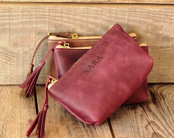 Personalized Leather Makeup Bag: Genuine Leather Cosmetic Pouch, Bridesmaid Gift