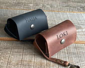 Personalized Leather Dog Poop Bag Dispenser: Leash Attachment, Treat Pouch