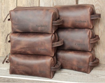 Personalized Leather Dopp Kit, Genuine Travel Toiletry Bag, Groomsman Gift