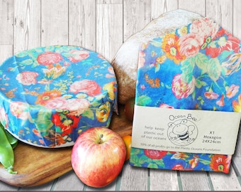 Beeswax Wrap, Hexagon. 24cmX24cm. Floral Ocean. OceanBee Organic Australian Beeswax Cling Wrap.