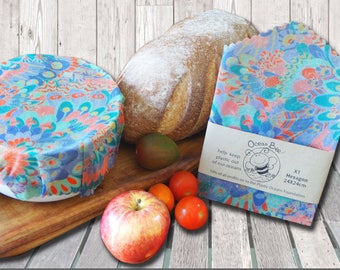 Beeswax Wrap, Hexagon. 24cmX24cm. Floral Ocean. OceanBee Organic Australian Beeswax Cling Wrap.