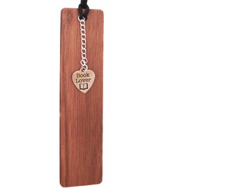 Wooden Bookmark Stainless Steel "Book Lover" Charm  Book Lover Gift