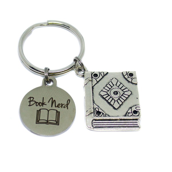 Stainless Steel "Book Nerd" Book Key Chain, Keychain, Book Bag School Library Bag Charm Gift, Book Club Readers Gift