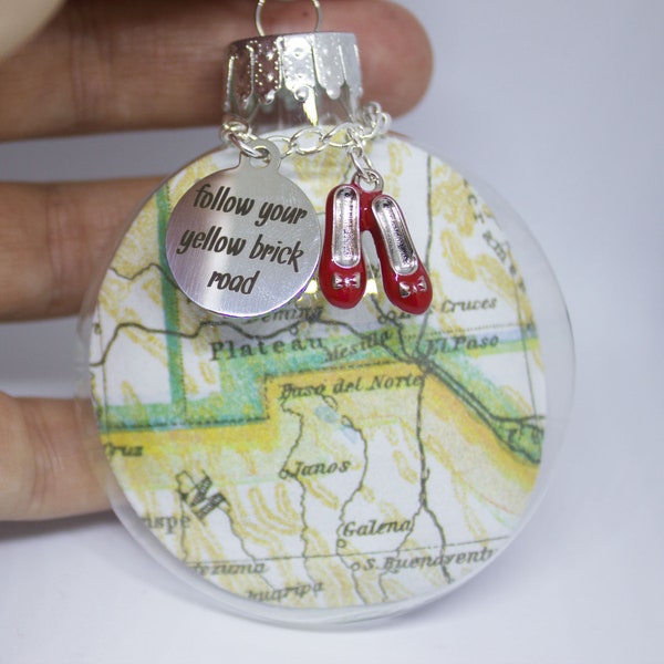 Wizard of Oz Inspired Glass Puffed Flat Ornament "Follow Your Yellow Brick Road Charm" - Book Lover Gift - Inspirational Gift - Christmas