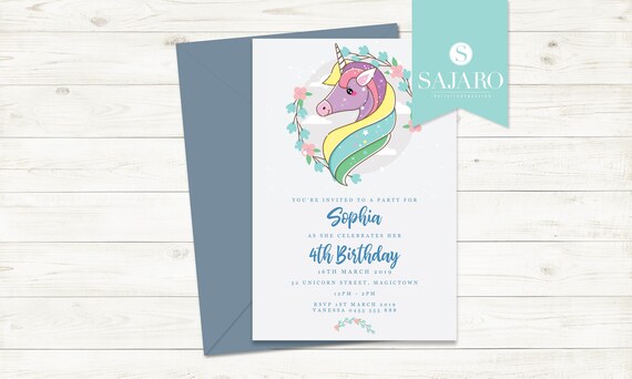 Unicorn with Flowers - Birthday invitation Il_570xn
