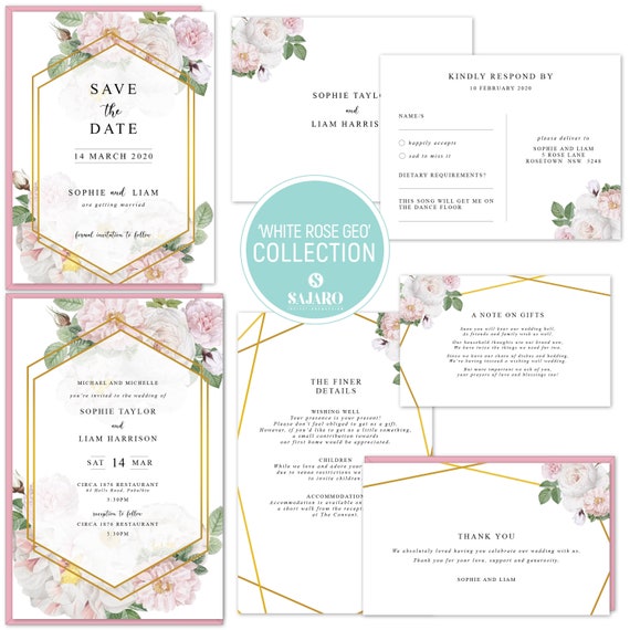 White Roses Geo - Wedding invitation, wedding invitation set, white roses, floral, pink flowers Il_570xn