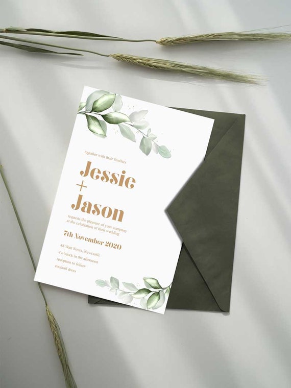 Blissful Leaf - Green Leaf - Wedding invitation, wedding invitation set, green and gold, save the date Il_570xn