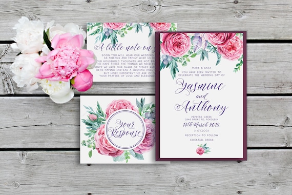 Peonie Flourish - Wedding invitation, wedding invitation set, peonie flowers, watercolour Il_570xn