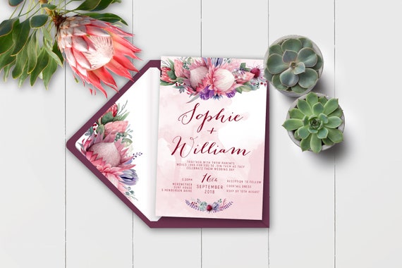 Protea 4 - Wedding invitation, wedding invitation set, protea flower, native bouquet Il_570xn