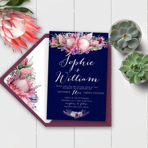 May include: A wedding invitation with a navy blue background and floral accents. The invitation reads "Sophie + William" with the date "September 16th, Twenty Eighteen." The invitation is surrounded by succulents and flowers.