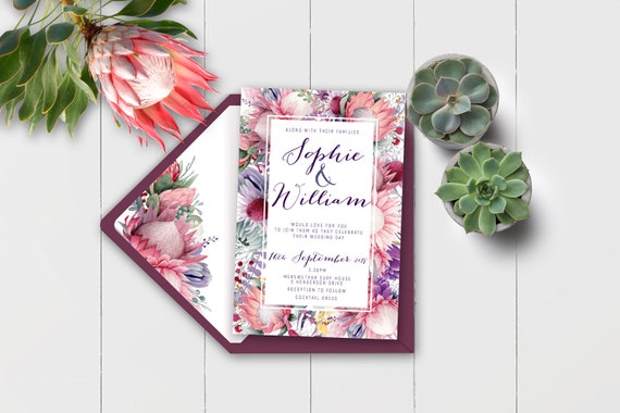 Protea 3 - Wedding invitation, wedding invitation set, protea flower, native bouquet Il_570xn