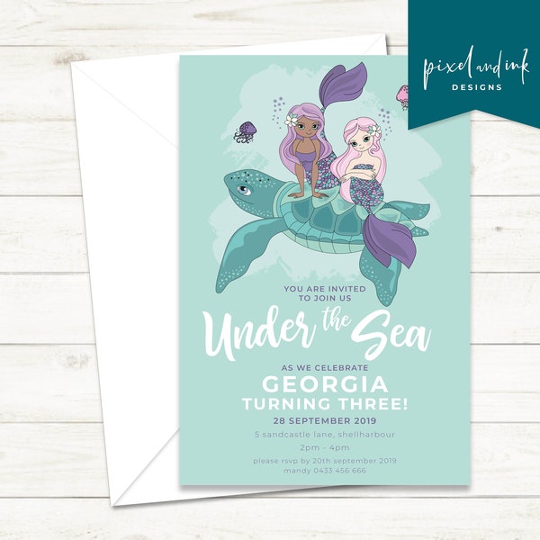 Sweet Mermaid Cove with Turtles - Birthday invitation