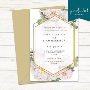 White Roses Geo - Wedding invitation, wedding invitation set, white roses, floral, pink flowers