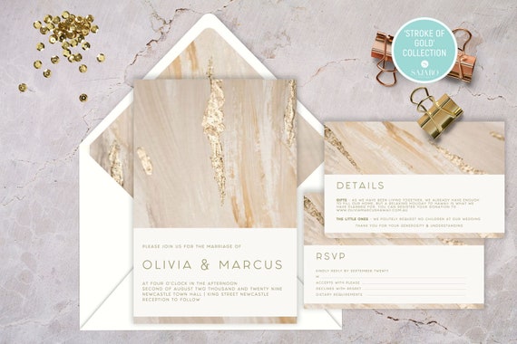 Stroke of Gold - Golden Painted Design - Wedding invitation, wedding invitation set, gold foil, save the date Il_570xn