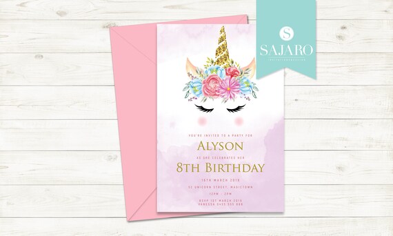 Glitter Unicorn with Flower Headpiece - Birthday invitation Il_570xn