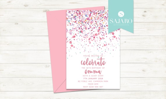 Confetti - Birthday invitation, pink watercolour confetti Il_570xn